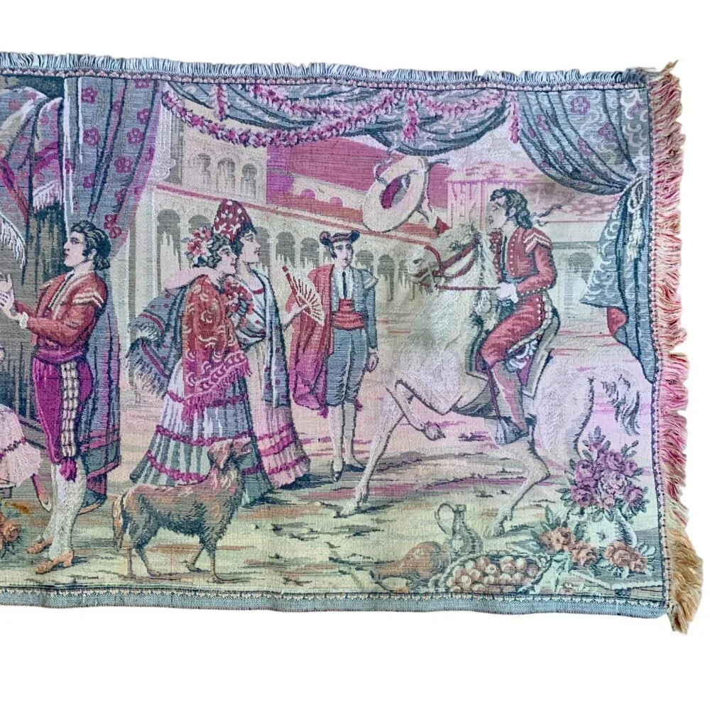 VTG Italian Tapestry Wall Hanging Elegant 19th Century Garden Scene Courting